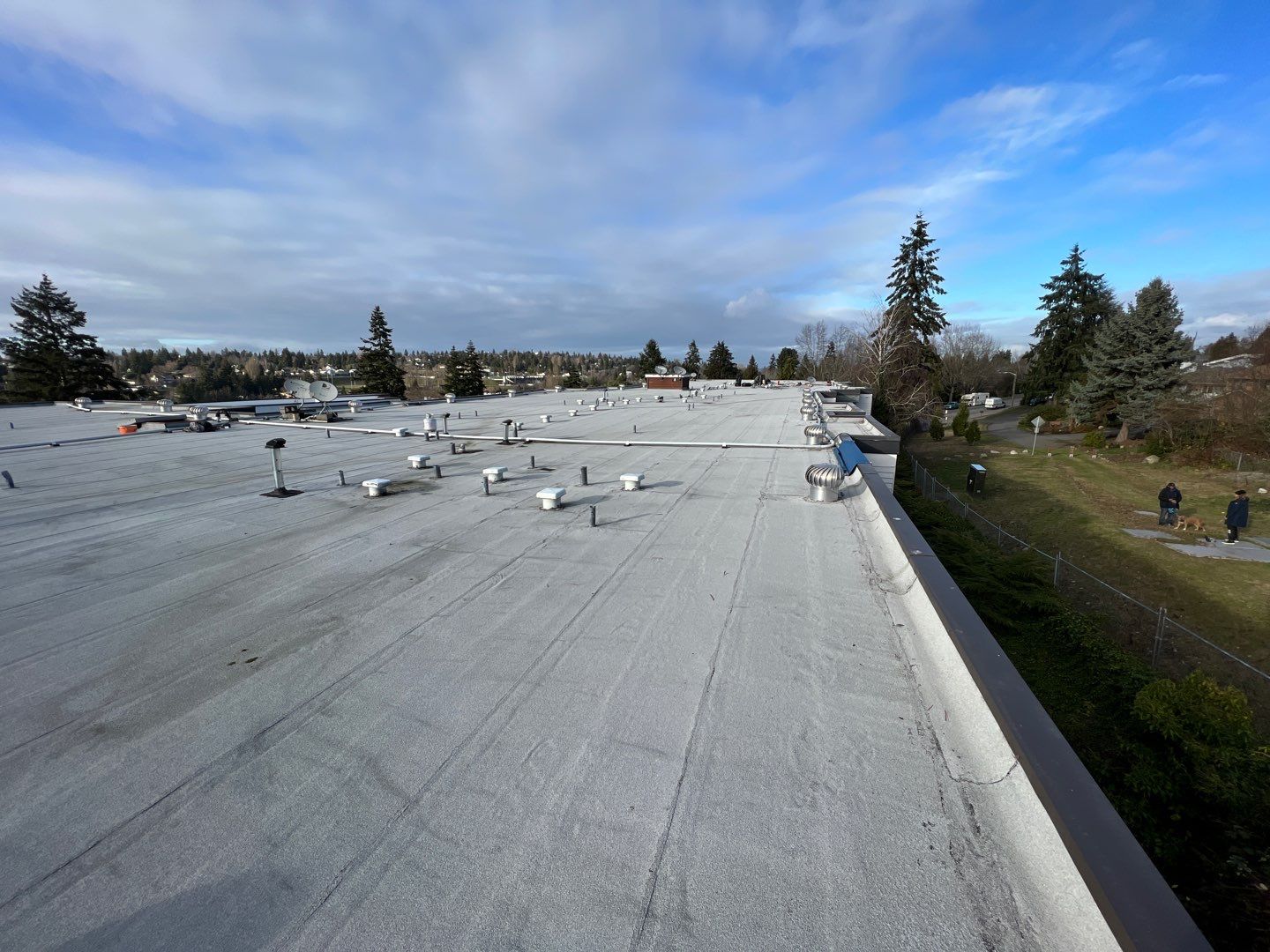 General picture of the whole commercial roof with maintenance in bellevue already done. flat roof commercial building